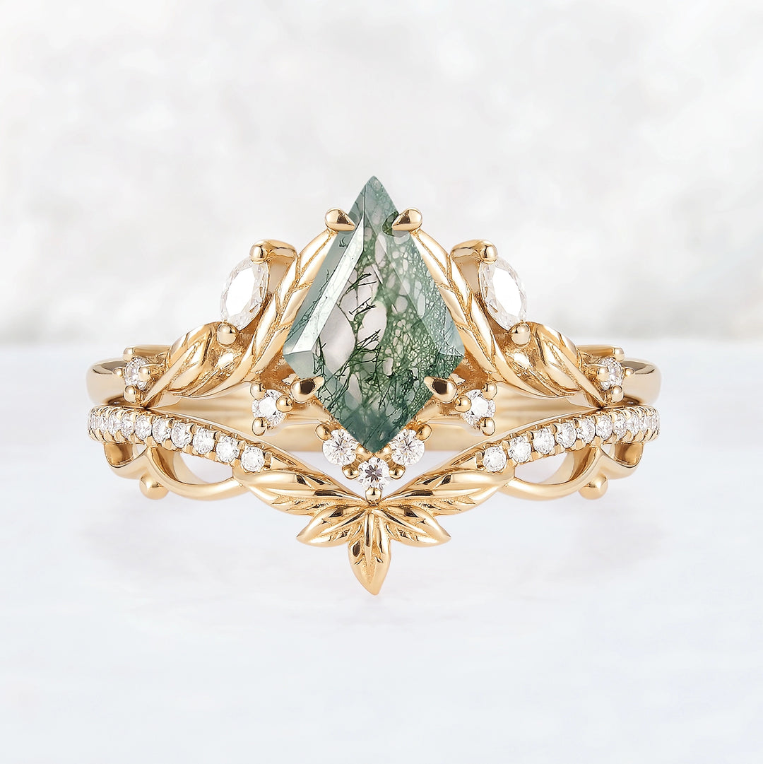 Unique Kite Cut Moss Agate Moissanite Leaf Gemstone Ring Set 2pcs