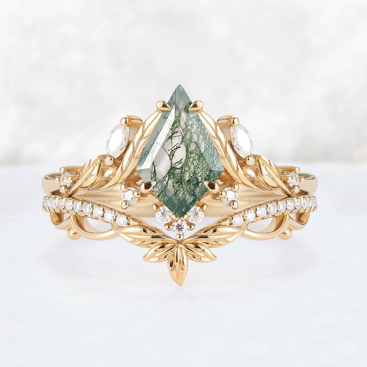 Unique Kite Cut Moss Agate Moissanite Leaf Gemstone Ring Set 2pcs