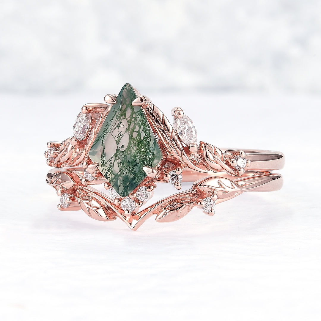 Unique Kite Cut Moss Agate Moissanite Vine and Leaf Engagement Ring Set 2pcs - Iver Jewelry