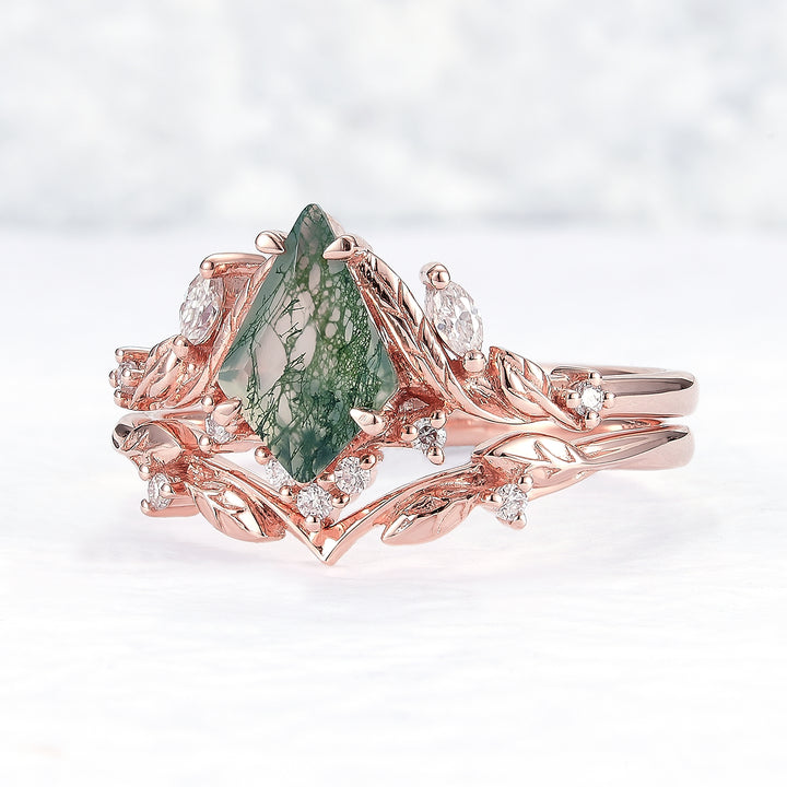 Unique Kite Cut Moss Agate Moissanite Vine and Leaf Engagement Ring Set 2pcs - Iver Jewelry