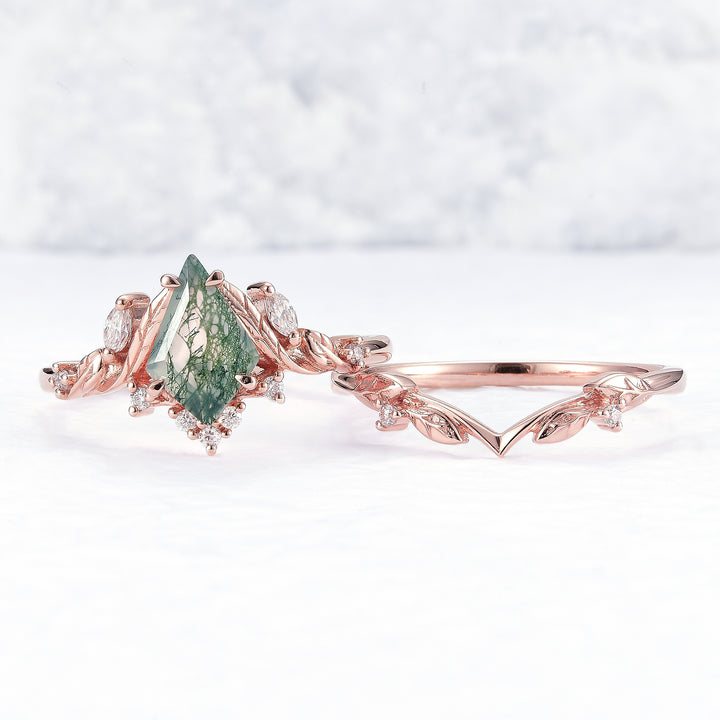 Unique Kite Cut Moss Agate Moissanite Vine and Leaf Engagement Ring Set 2pcs - Iver Jewelry