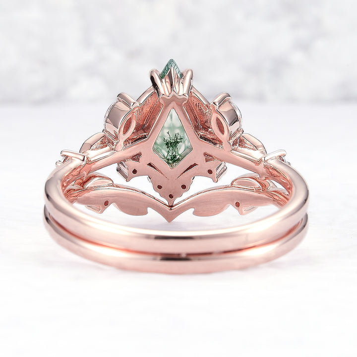 Unique Kite Cut Moss Agate Moissanite Vine and Leaf Engagement Ring Set 2pcs - Iver Jewelry