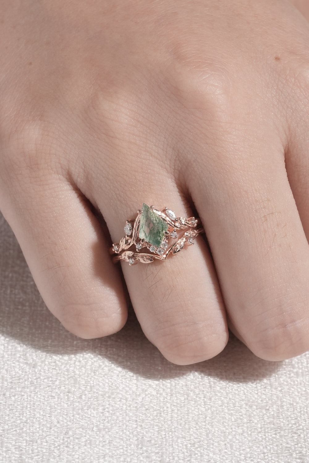 Unique Kite Cut Moss Agate Moissanite Vine and Leaf Engagement Ring Set 2pcs - Iver Jewelry