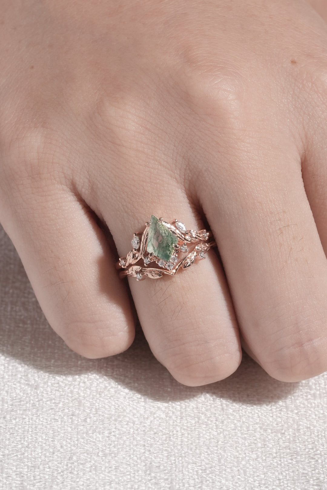 Unique Kite Cut Moss Agate Moissanite Vine and Leaf Engagement Ring Set 2pcs - Iver Jewelry
