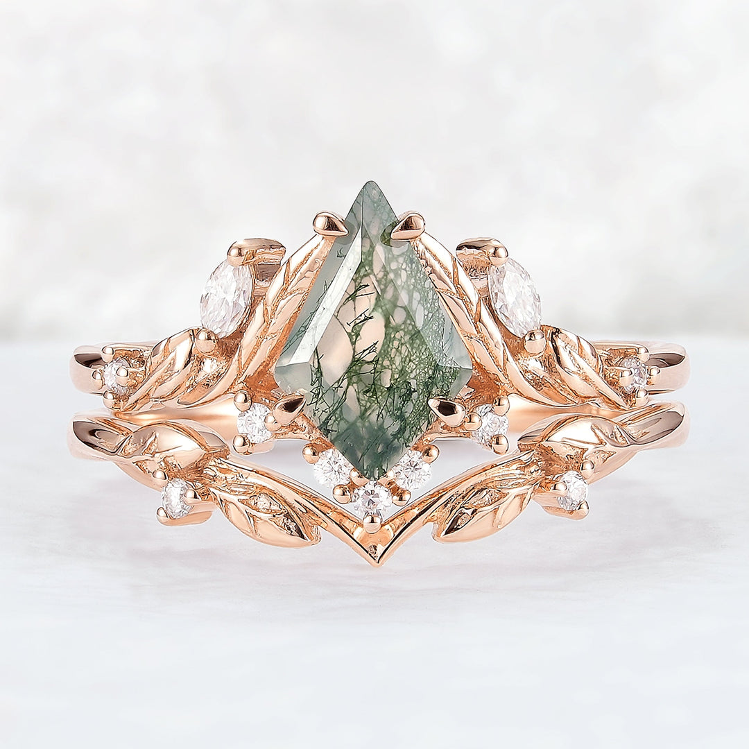 Unique Kite Cut Moss Agate Moissanite Vine and Leaf Gemstone Ring Set 2pcs