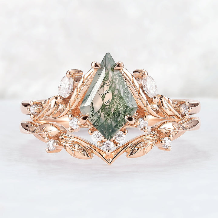 Unique Kite Cut Moss Agate Moissanite Vine and Leaf Gemstone Ring Set 2pcs