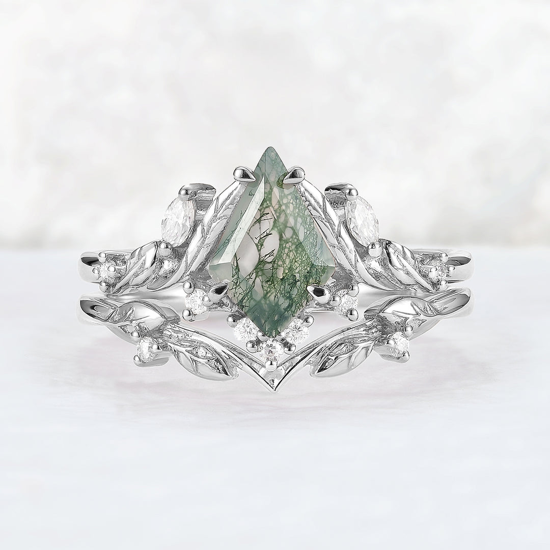 Unique Kite Cut Moss Agate Moissanite Vine and Leaf Gemstone Ring Set 2pcs