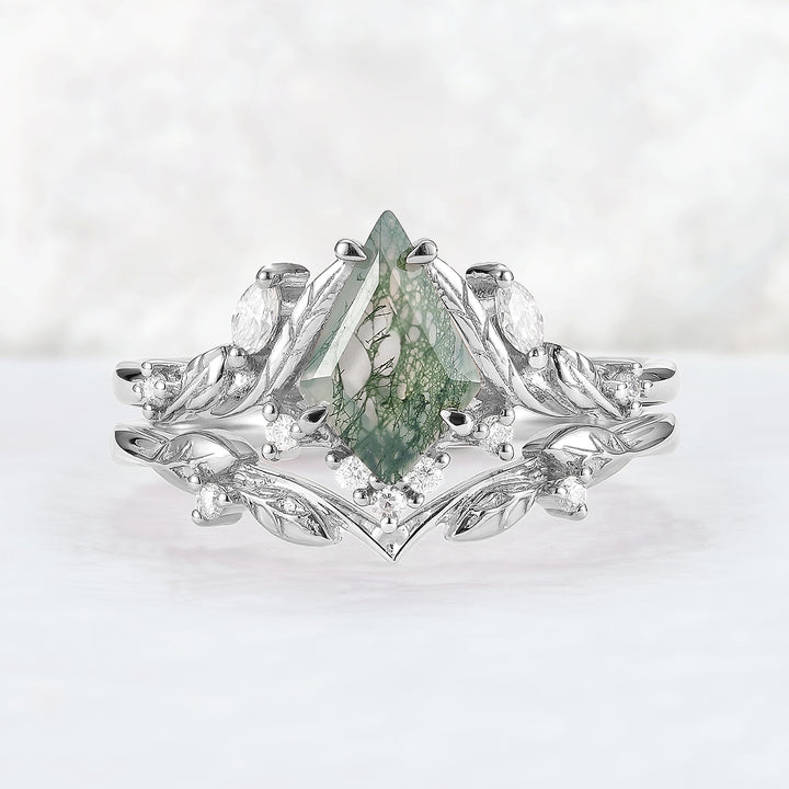 Unique Kite Cut Moss Agate Moissanite Vine and Leaf Gemstone Ring Set 2pcs