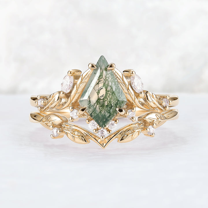 Unique Kite Cut Moss Agate Moissanite Vine and Leaf Gemstone Ring Set 2pcs