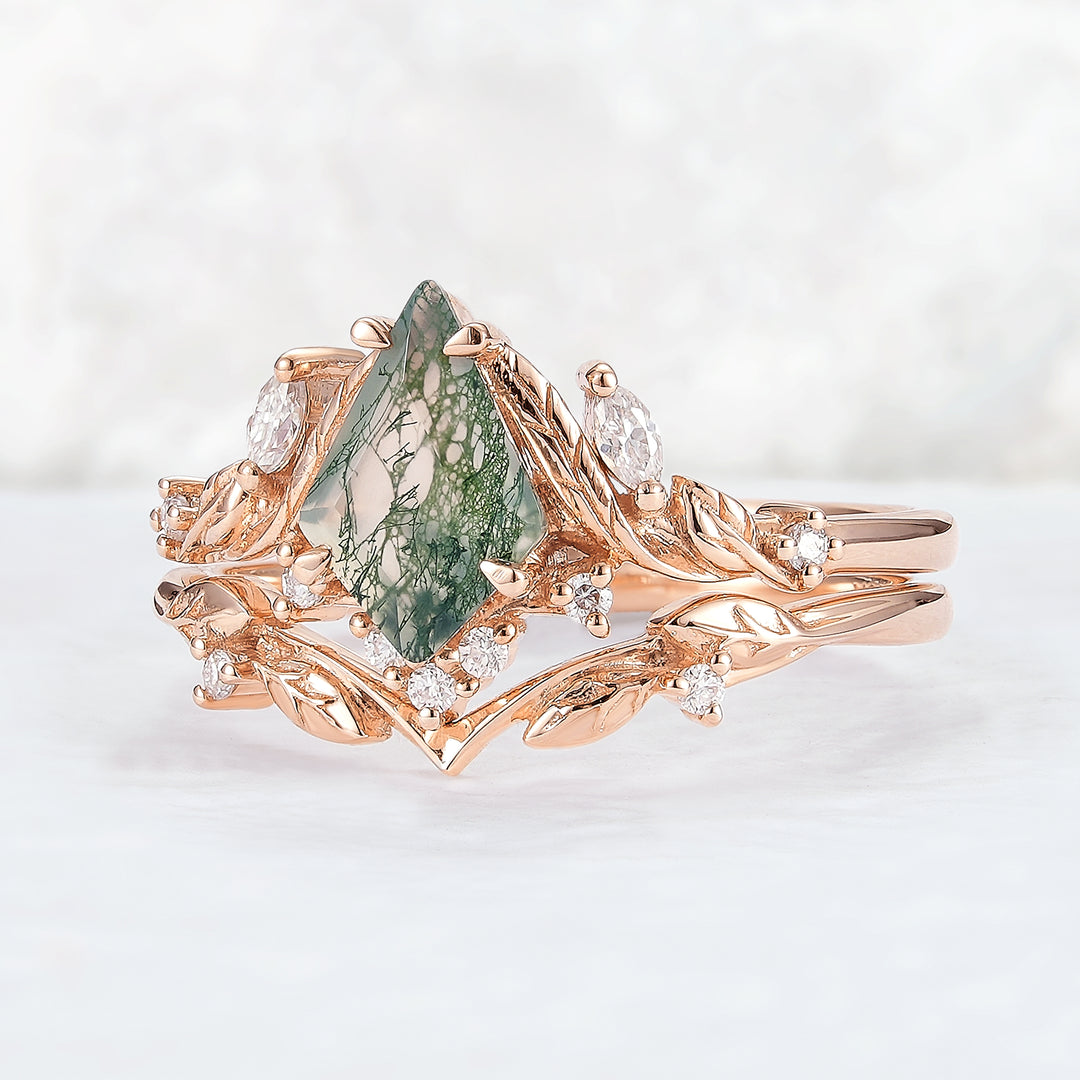 Unique Kite Cut Moss Agate Moissanite Vine and Leaf Gemstone Ring Set 2pcs