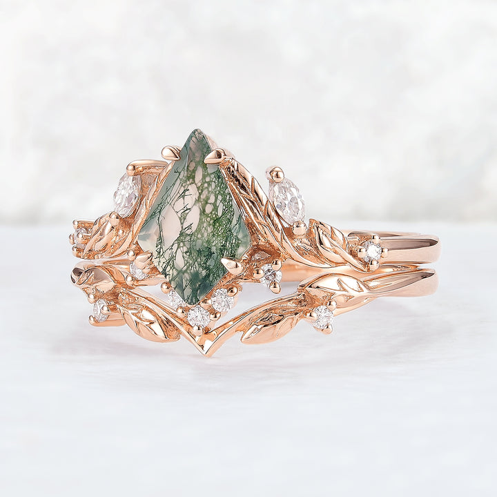 Unique Kite Cut Moss Agate Moissanite Vine and Leaf Gemstone Ring Set 2pcs