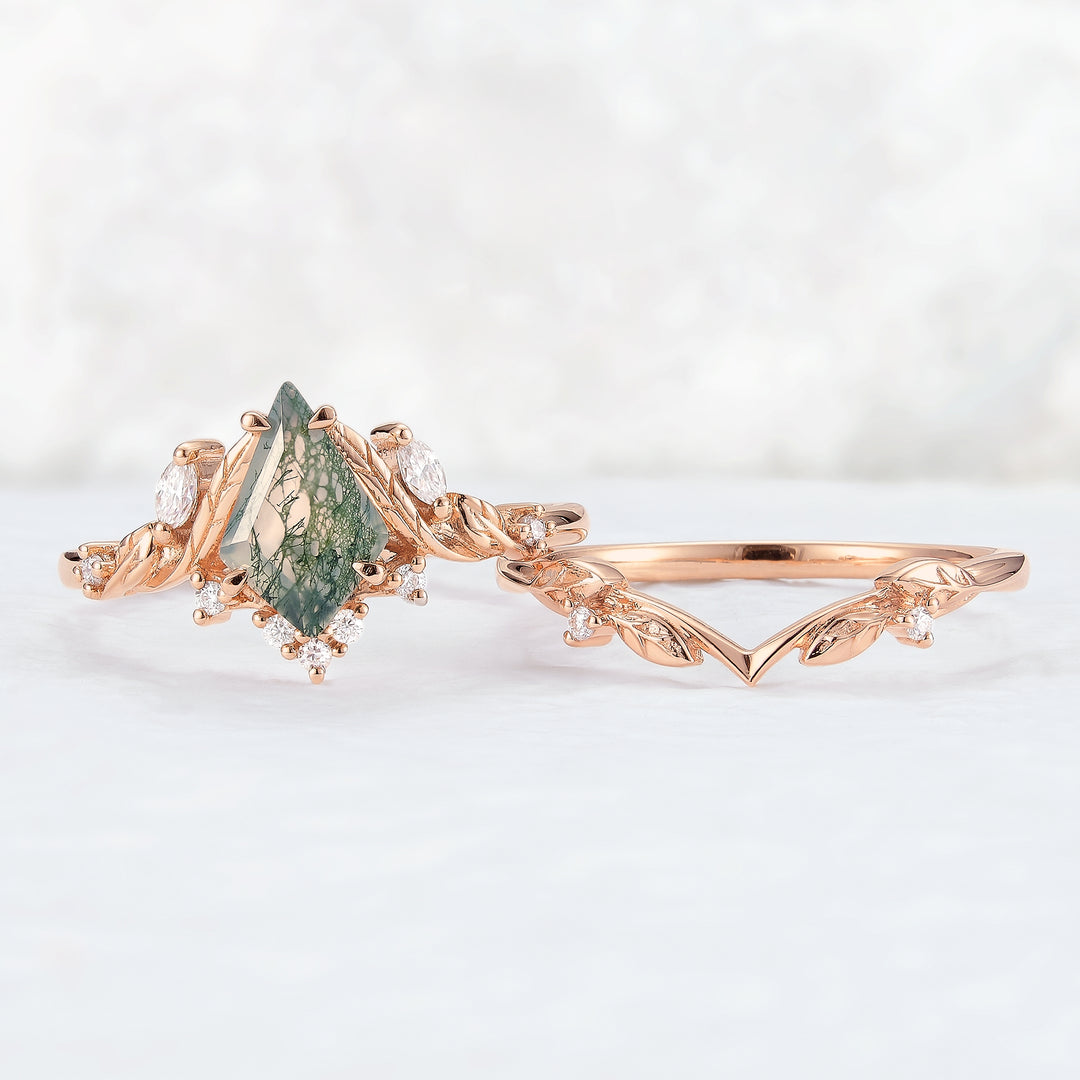 Unique Kite Cut Moss Agate Moissanite Vine and Leaf Gemstone Ring Set 2pcs