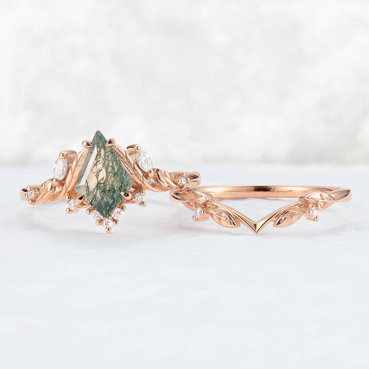 Unique Kite Cut Moss Agate Moissanite Vine and Leaf Gemstone Ring Set 2pcs