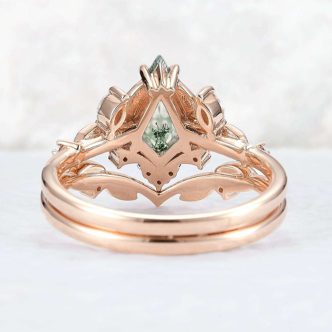 Unique Kite Cut Moss Agate Moissanite Vine and Leaf Gemstone Ring Set 2pcs