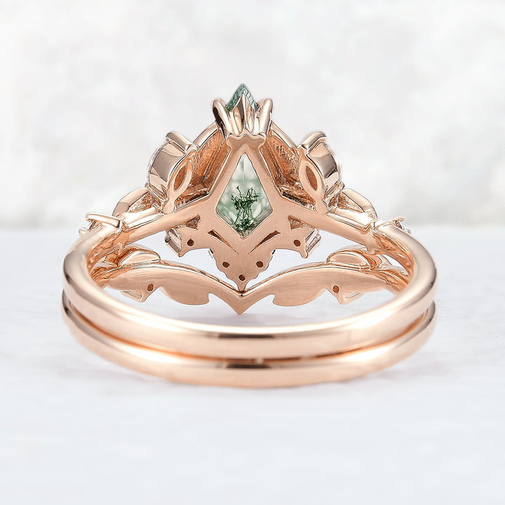 Unique Kite Cut Moss Agate Moissanite Vine and Leaf Gemstone Ring Set 2pcs