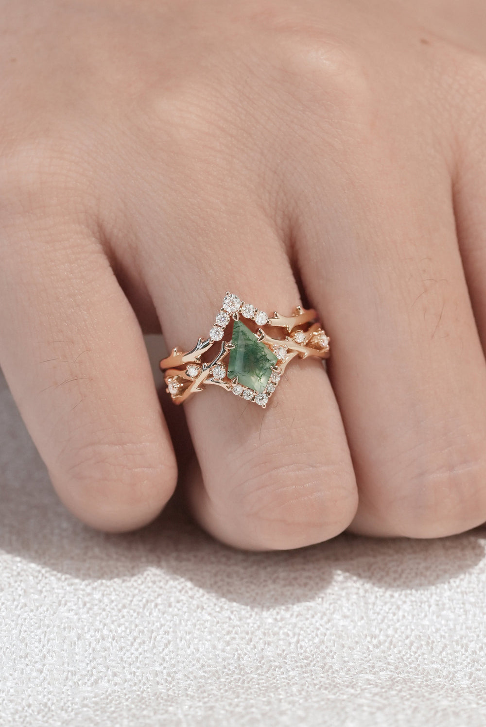 Unique Kite Cut Moss Agate Twig Engagement Ring Set 2pcs-2