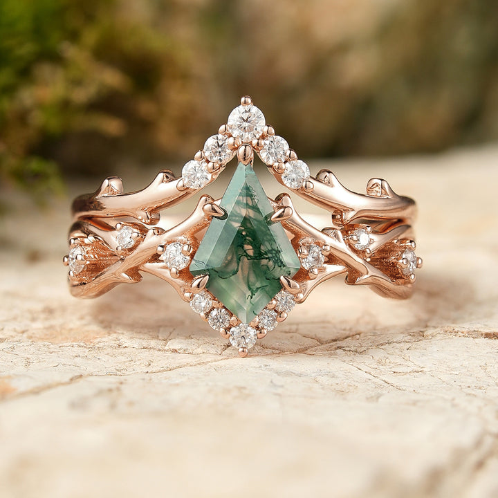 Unique Kite Cut Moss Agate Twig Engagement Ring Set 2pcs1