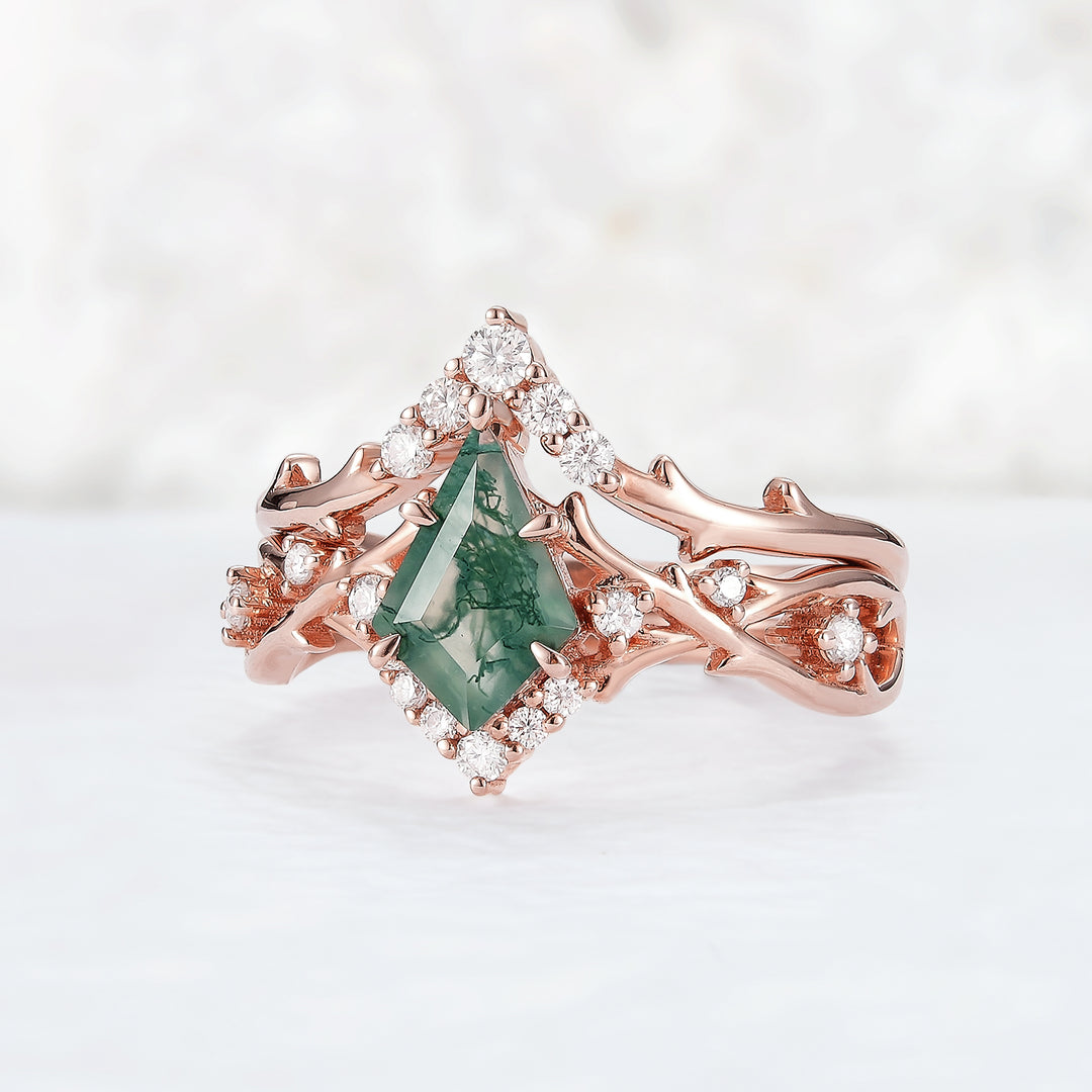 Unique Kite Cut Moss Agate Twig Engagement Ring Set 2pcs3