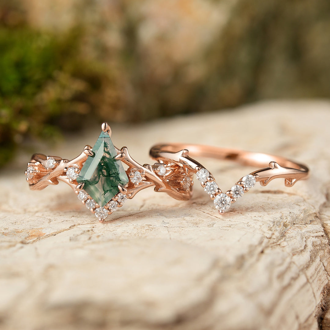 Unique Kite Cut Moss Agate Twig Engagement Ring Set 2pcs4