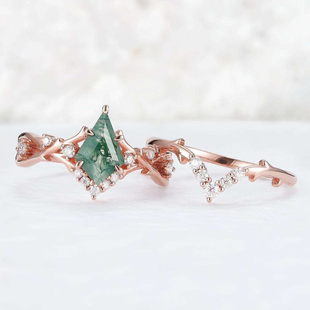 Unique Kite Cut Moss Agate Twig Engagement Ring Set 2pcs5