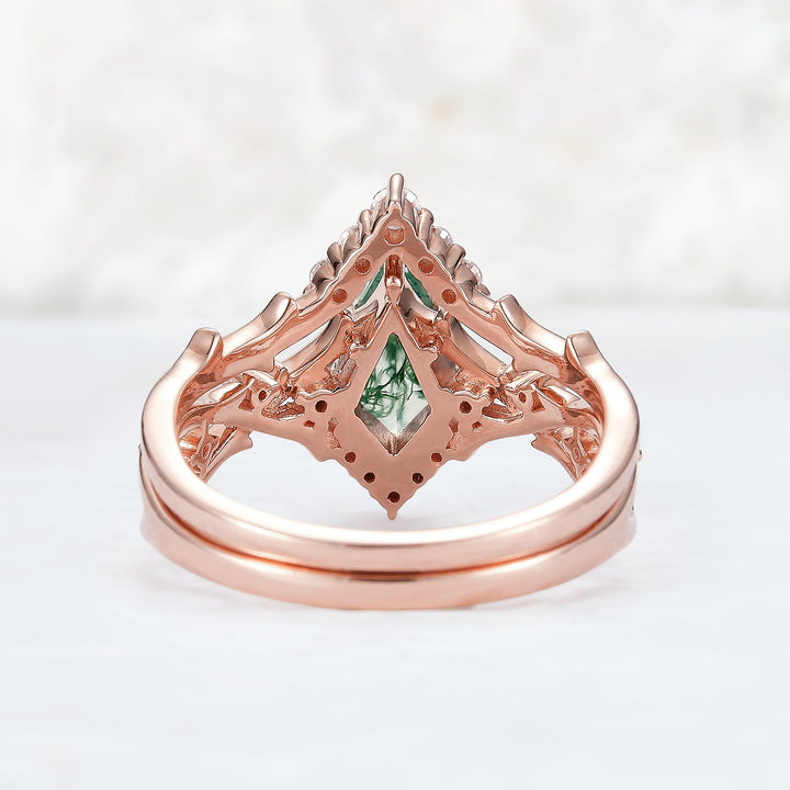 Unique Kite Cut Moss Agate Twig Engagement Ring Set 2pcs6