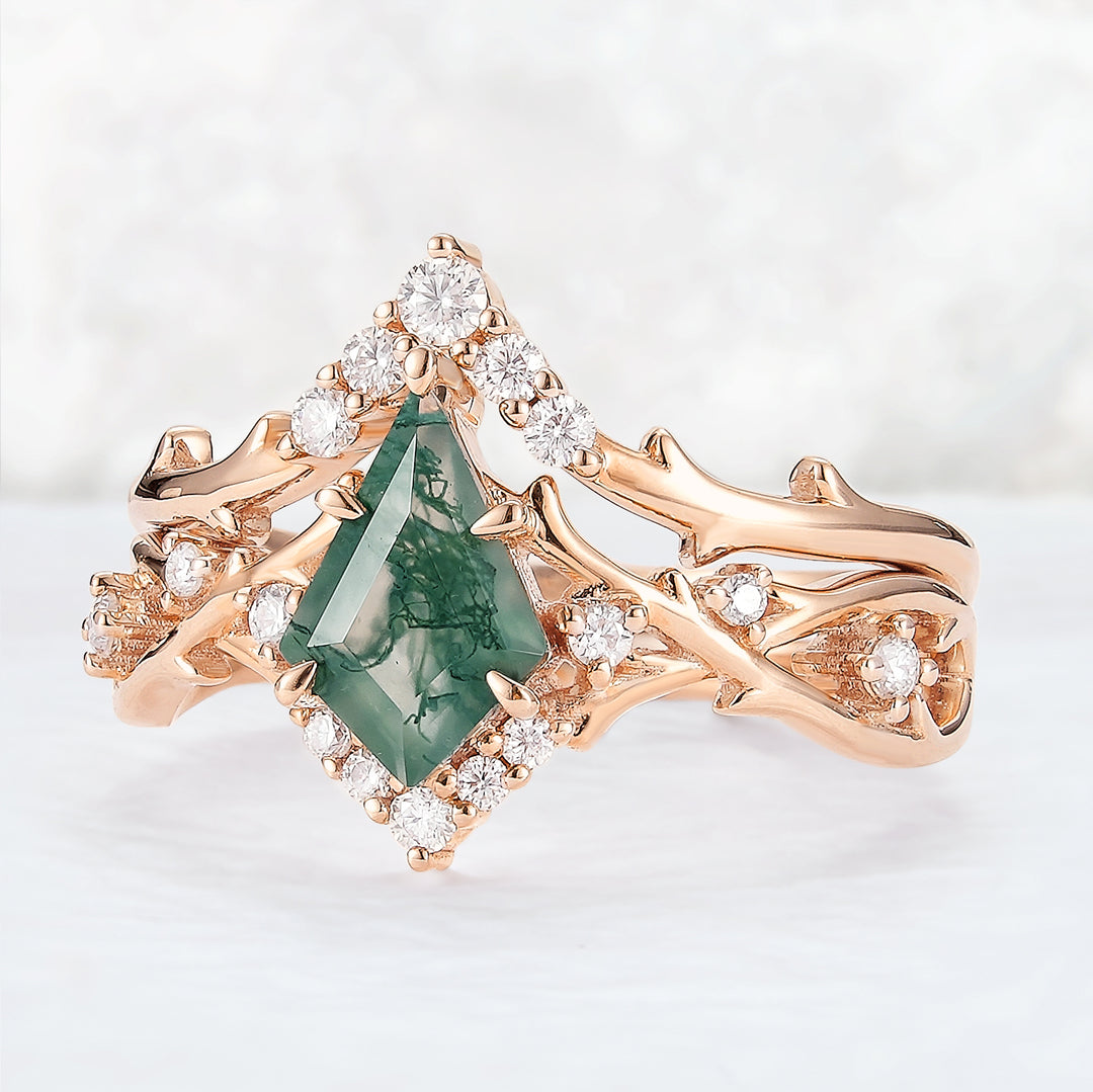 Unique Kite Cut Moss Agate Twig Gemstone Ring Set 2pcs