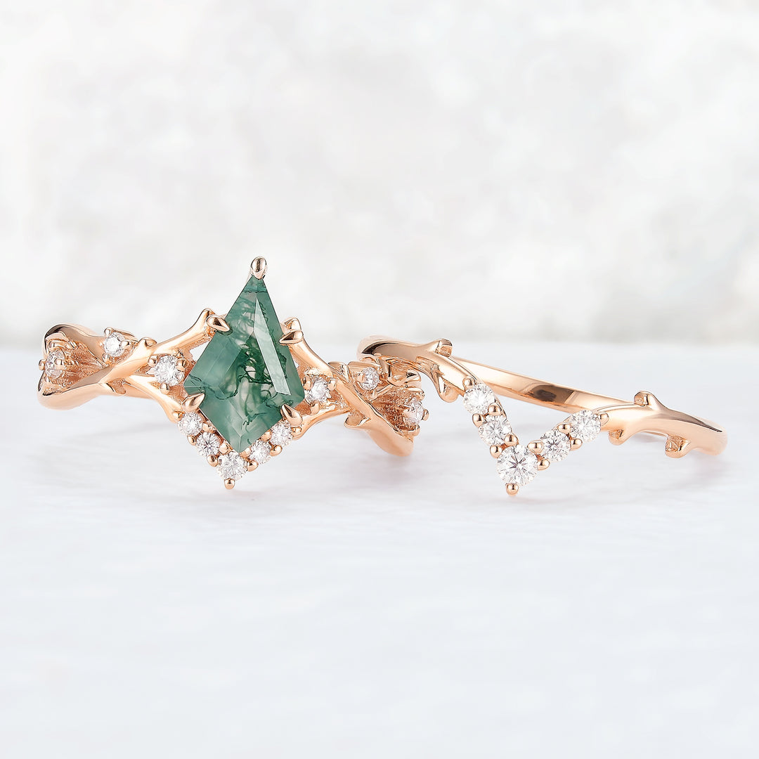 Unique Kite Cut Moss Agate Twig Gemstone Ring Set 2pcs