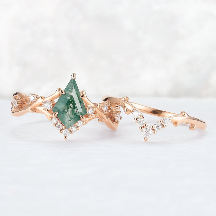 Unique Kite Cut Moss Agate Twig Gemstone Ring Set 2pcs