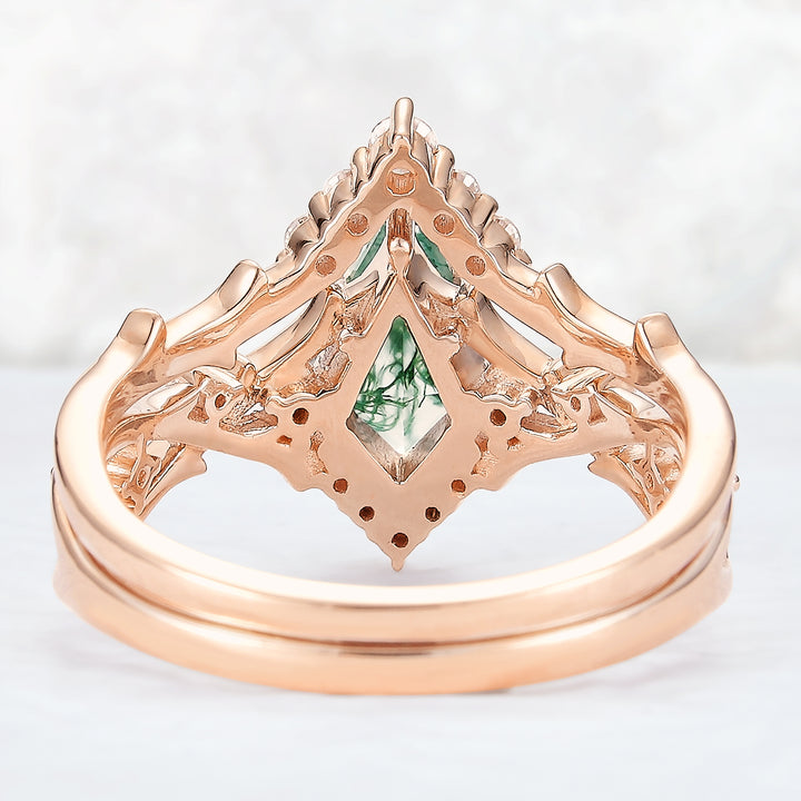 Unique Kite Cut Moss Agate Twig Gemstone Ring Set 2pcs