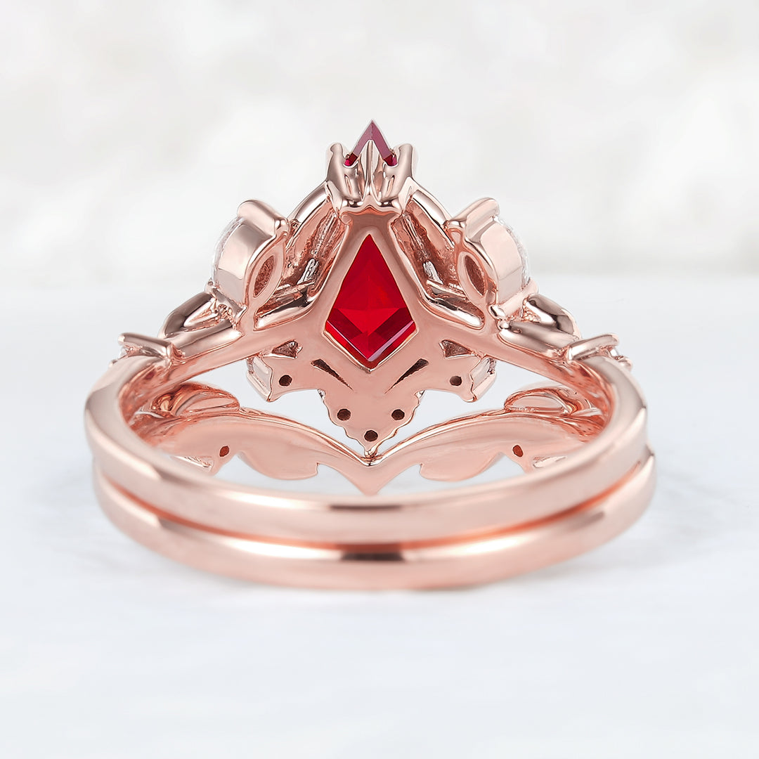 Unique Kite Cut Ruby Moissanite Vine and Leaf Engagement Ring Set 2pcs - Iver Jewelry