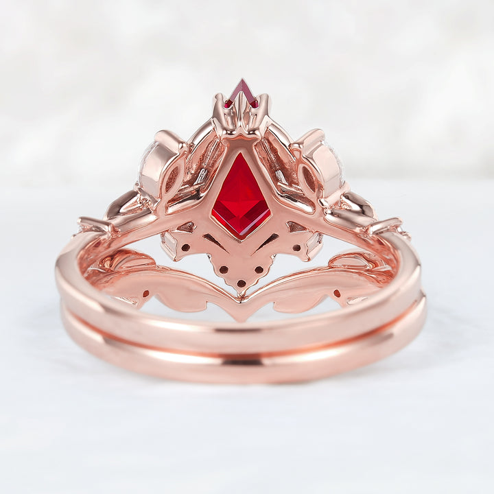 Unique Kite Cut Ruby Moissanite Vine and Leaf Engagement Ring Set 2pcs - Iver Jewelry