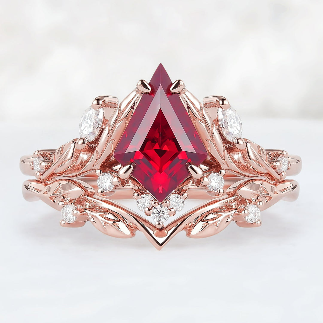 Unique Kite Cut Ruby Moissanite Vine and Leaf Engagement Ring Set 2pcs