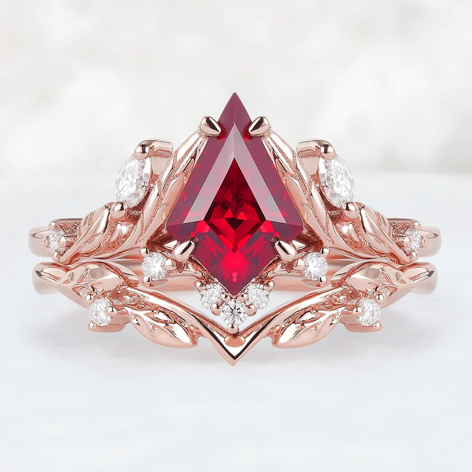 Unique Kite Cut Ruby Moissanite Vine and Leaf Engagement Ring Set 2pcs