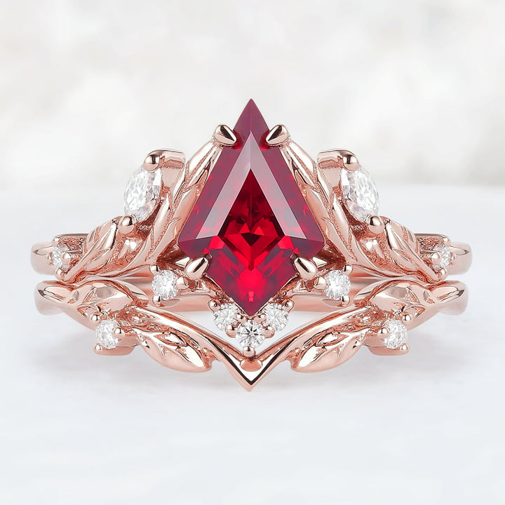 Unique Kite Cut Ruby Moissanite Vine and Leaf Engagement Ring Set 2pcs