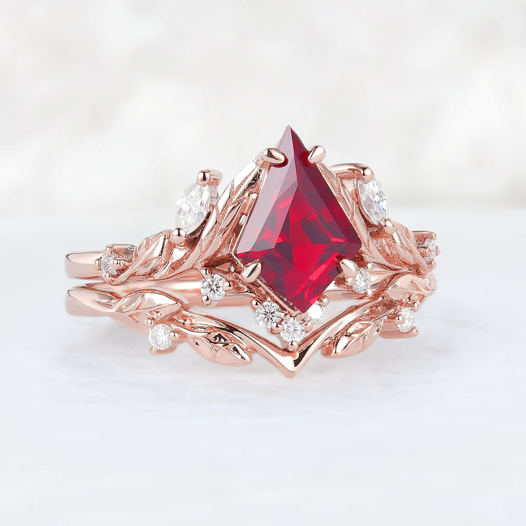 Unique Kite Cut Ruby Moissanite Vine and Leaf Engagement Ring Set 2pcs - Iver Jewelry