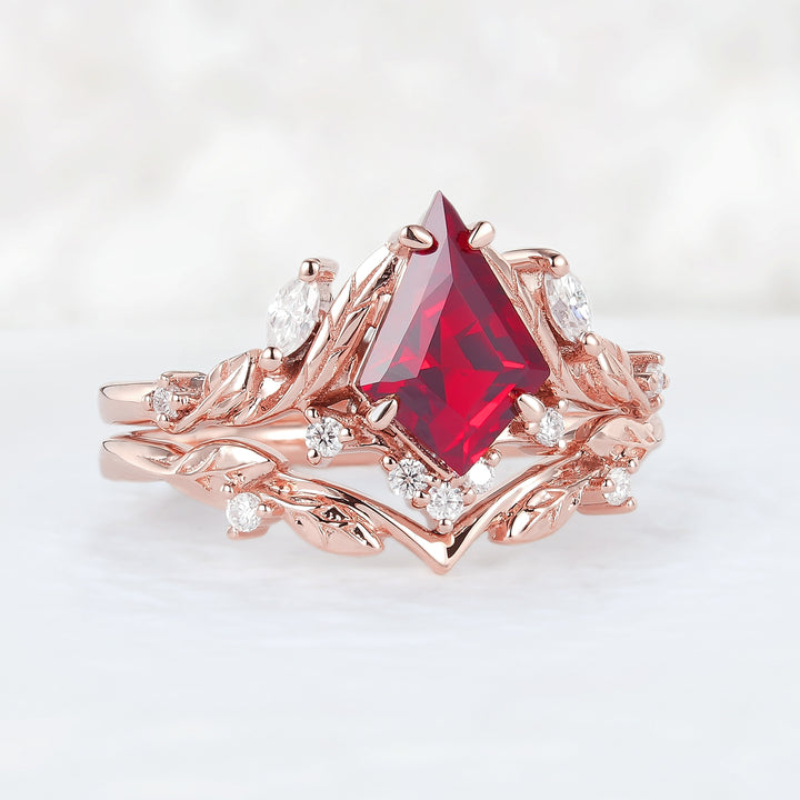 Unique Kite Cut Ruby Moissanite Vine and Leaf Engagement Ring Set 2pcs - Iver Jewelry