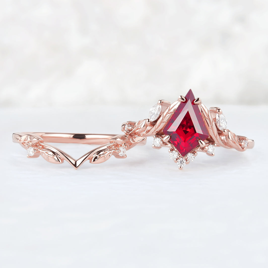 Unique Kite Cut Ruby Moissanite Vine and Leaf Engagement Ring Set 2pcs - Iver Jewelry
