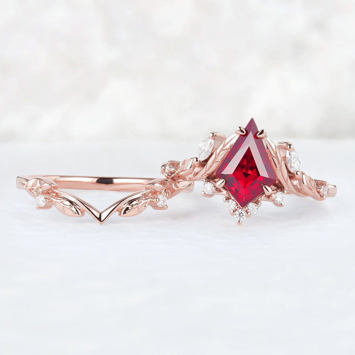 Unique Kite Cut Ruby Moissanite Vine and Leaf Engagement Ring Set 2pcs - Iver Jewelry