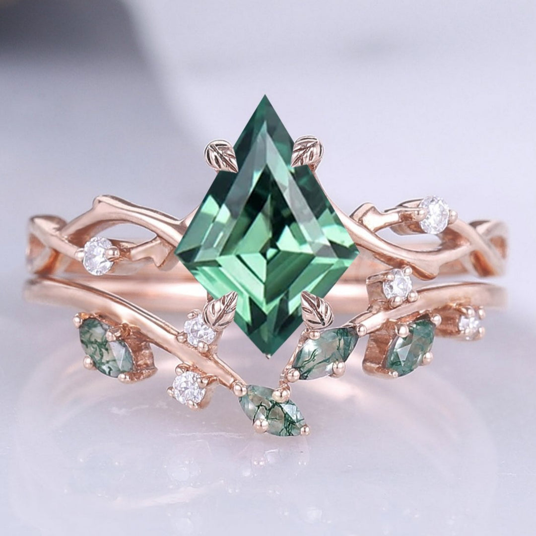 Unique Kite Cut Sapphire Leaf and Vine Engagement Ring Set 2pcs