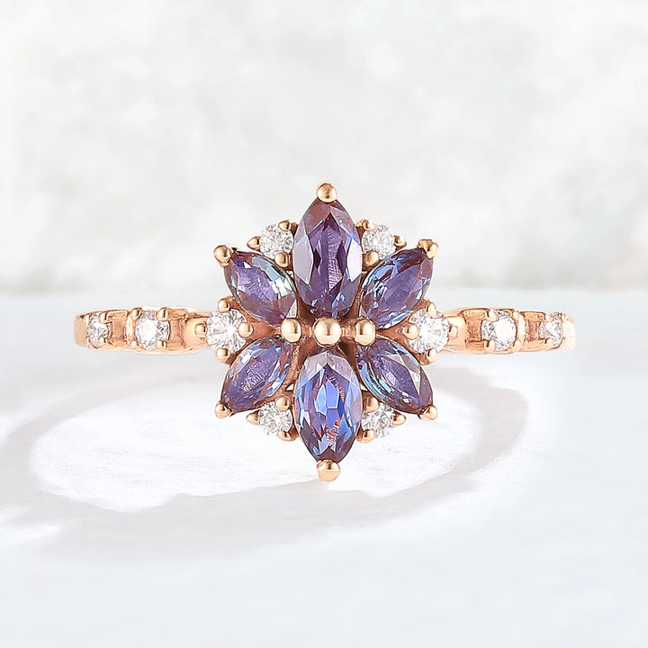 Unique Marquise Shaped Alexandrite Moissanite Gemstone Ring