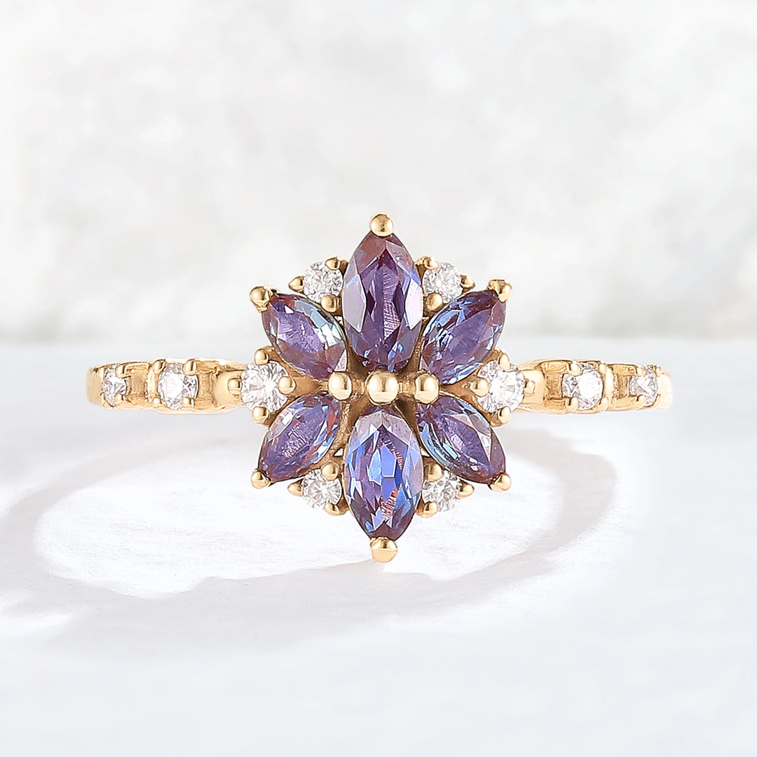 Unique Marquise Shaped Alexandrite Moissanite Gemstone Ring