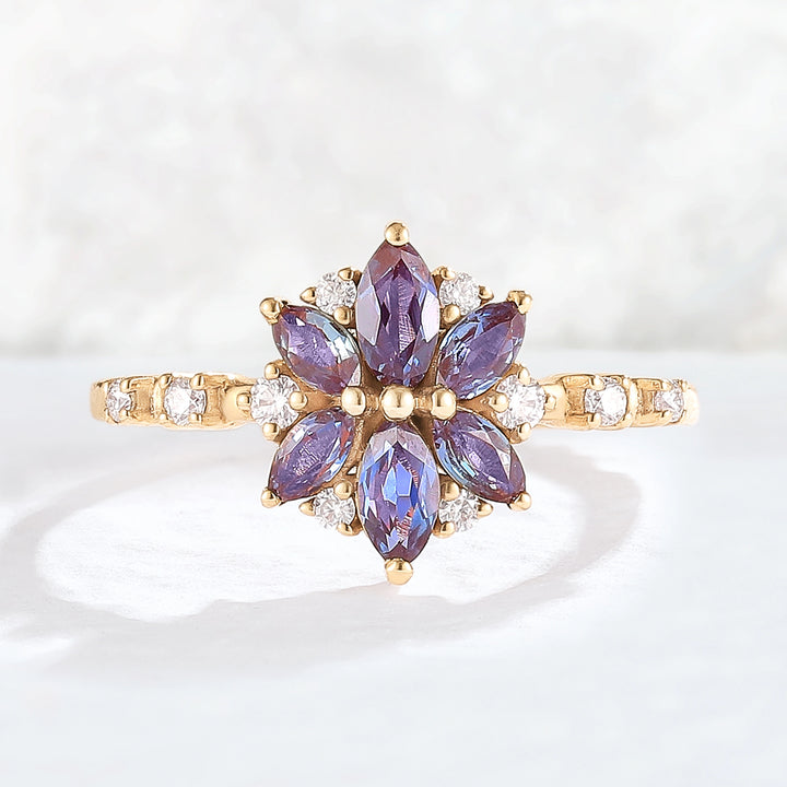 Unique Marquise Shaped Alexandrite Moissanite Gemstone Ring