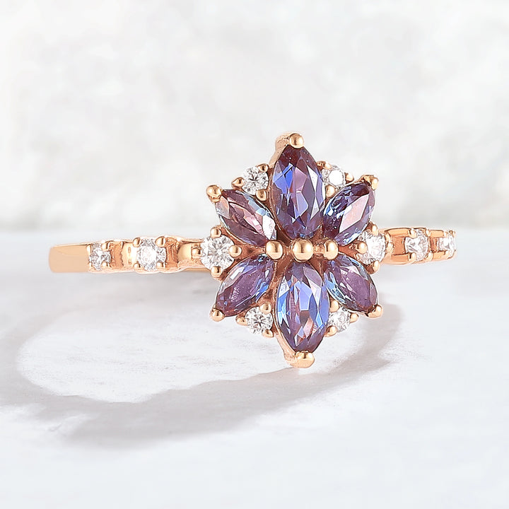 Unique Marquise Shaped Alexandrite Moissanite Gemstone Ring