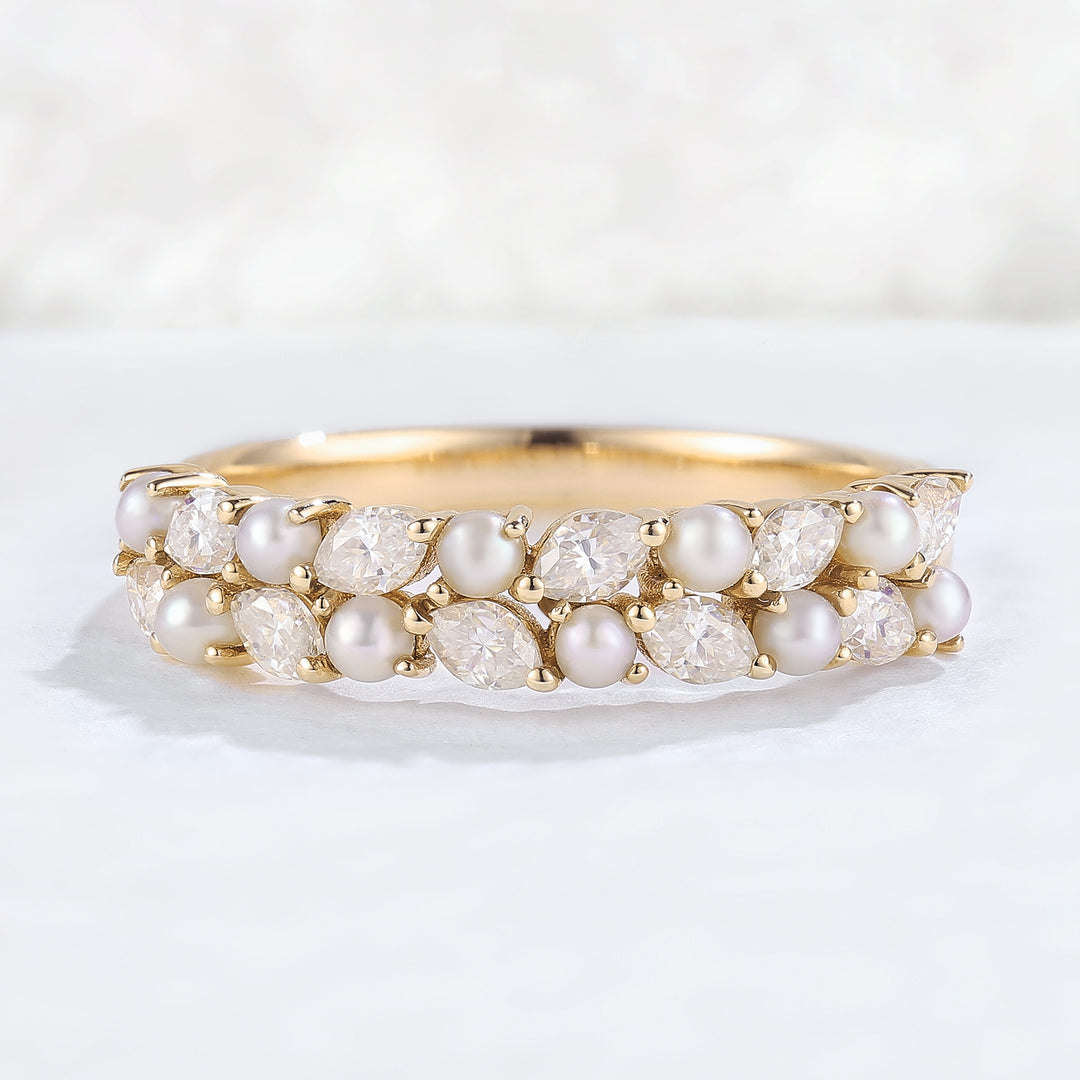 Unique Marquise Shaped Miossanite Pearl Half Enternity Stacking Ring