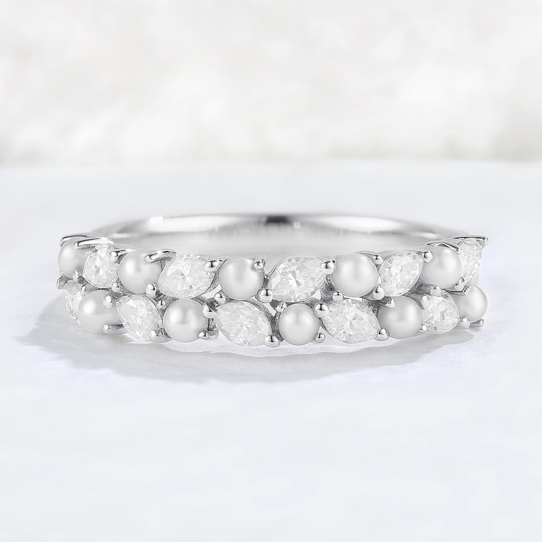Unique Marquise Shaped Miossanite Pearl Half Enternity Stacking Ring