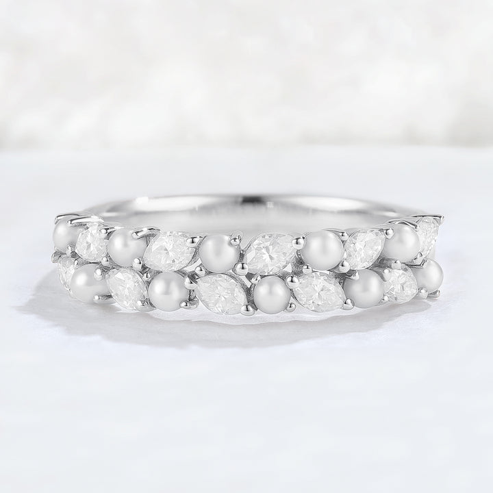 Unique Marquise Shaped Miossanite Pearl Half Enternity Stacking Ring