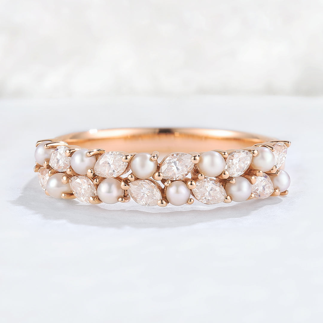 Unique Marquise Shaped Miossanite Pearl Half Enternity Stacking Ring