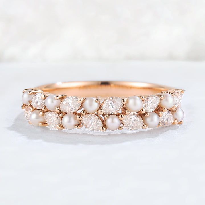 Unique Marquise Shaped Miossanite Pearl Half Enternity Stacking Ring