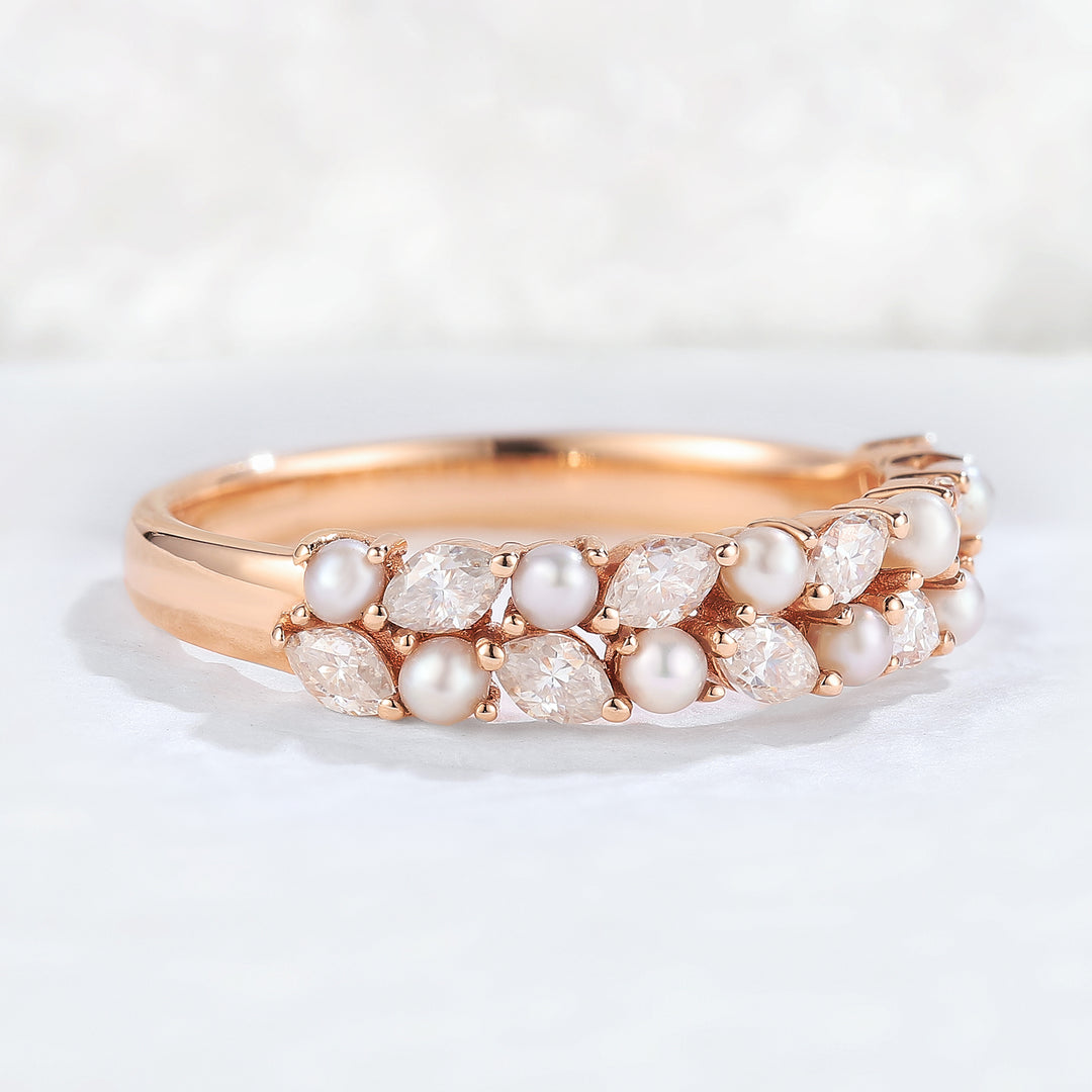 Unique Marquise Shaped Miossanite Pearl Half Enternity Stacking Ring