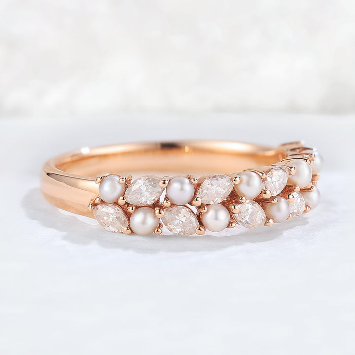 Unique Marquise Shaped Miossanite Pearl Half Enternity Stacking Ring